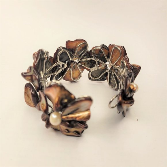 Golden Brown Cuff Bracelet with Freshwater Pearls and Mother Of Pearl - NEW - Picture 12 of 15